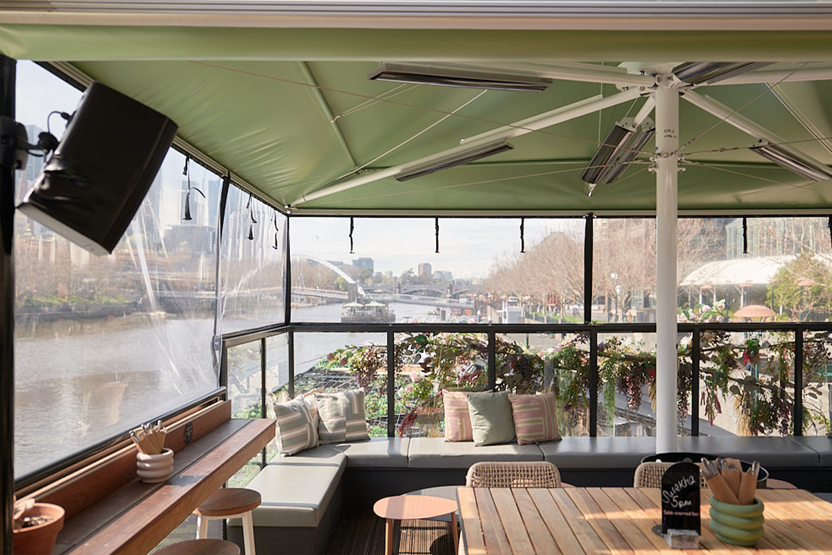 Celmec Heatray Weather Controlled Umbrellas offer year-round protection at Yarra Botanica. 